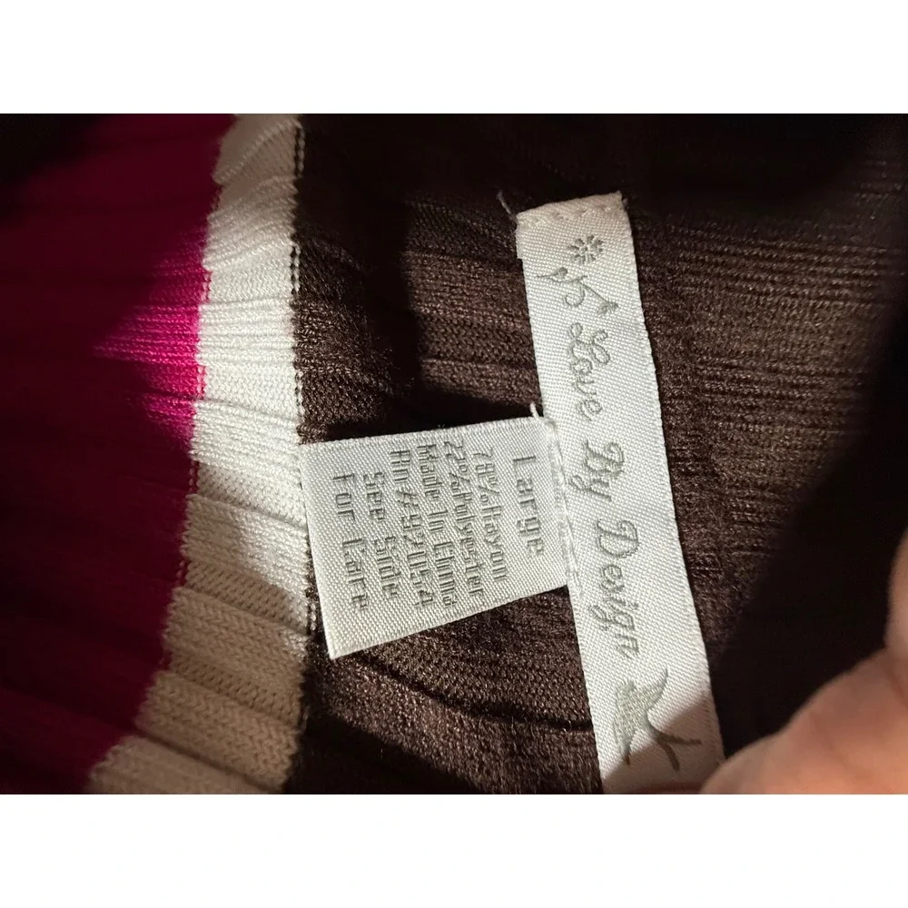 Vintage Brown Pink White Striped Ribbed Knit V-Neck Long Sleeve Sweater Top